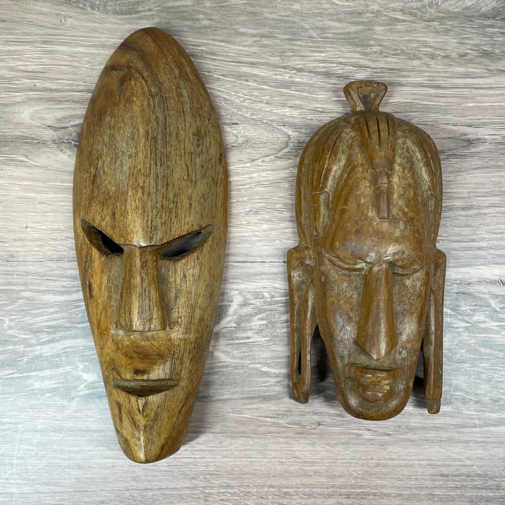 Genuine Besmo Hand Carved Kenya Mask Wall Hanging & African Carved Mask Set Of 2